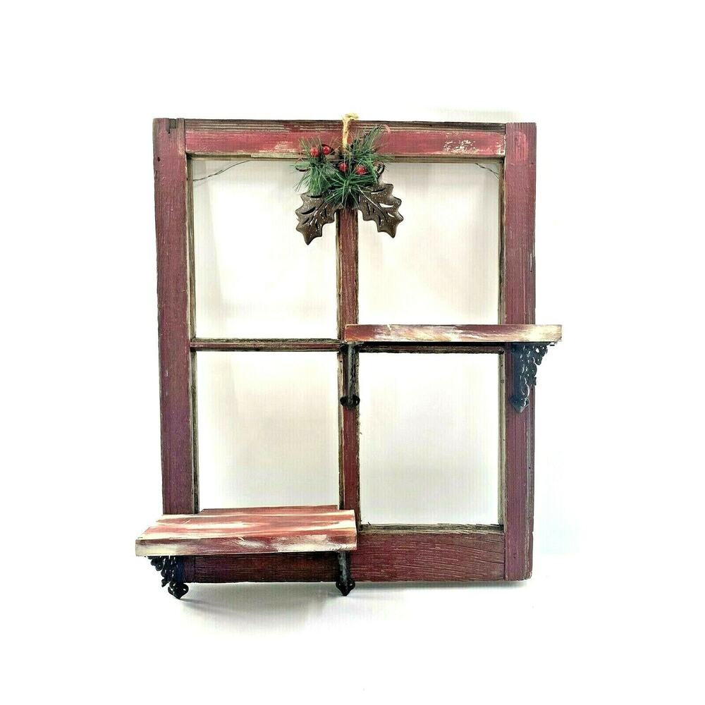 Vintage Red Barn Wood 4 Pane Window Wall Shelf Christmas Hollyberry Shadow Box - Picture 2 of 12